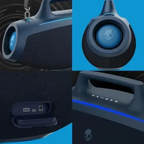 Skullcandy Barrel Bluetooth Boombox Speaker – Water-Resistant Wireless Portable Speaker, with LED Lightshow Mode, 12 Hour Battery, Multi-Link, & USB-C & USB-A Output Charging (Navy) - 6