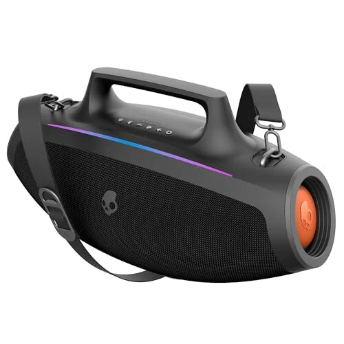 Skullcandy Barrel Bluetooth Boombox Speaker – Water-Resistant Wireless Portable Speaker, with LED Lightshow Mode, 12 Hour Battery, Multi-Link, & USB-C & USB-A Output Charging 