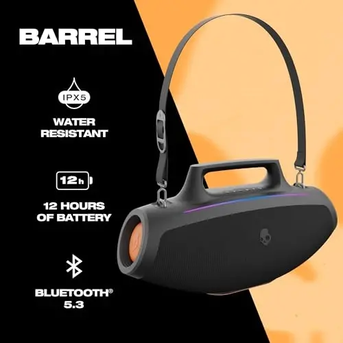 Skullcandy Barrel Bluetooth Boombox Speaker – Water-Resistant Wireless Portable Speaker, with LED Lightshow Mode, 12 Hour Battery, Multi-Link, & USB-C & USB-A Output Charging - SKULLCANDY