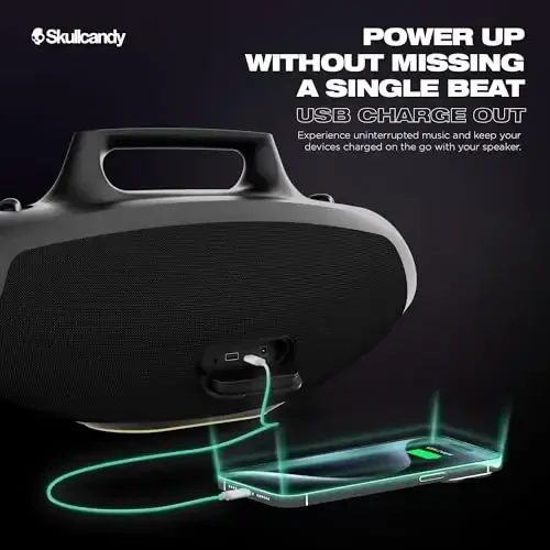 Skullcandy Barrel Bluetooth Boombox Speaker – Water-Resistant Wireless Portable Speaker, with LED Lightshow Mode, 12 Hour Battery, Multi-Link, & USB-C & USB-A Output Charging (Bone) - 6