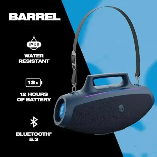 Skullcandy Barrel Bluetooth Boombox Speaker – Water-Resistant Wireless Portable Speaker, with LED Lightshow Mode, 12 Hour Battery, Multi-Link, & USB-C & USB-A Output Charging (Navy) - 2