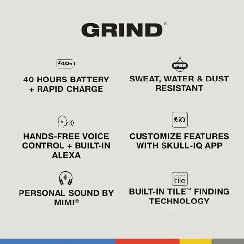 Skullcandy Grind Wireless Earbuds, Bluetooth Headphones, 40 soatgacha batareya, shovqinni izolyatsiya qiluvchi moslama, iPhone Android uchun mikrofon, Skull-iQ ilovasi orqali sozlash mumkin - Chill Grey - 4
