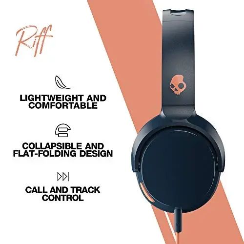 Skullcandy Riff On-Ear simli naushniklar, 3,5 mm AUX vilkasi bilan sayohat qilish uchun qulay, o'rnatilgan mikrofon, katlanadigan engil qulay dizayn, bardoshli boshcha, ishonchli soddalik - Moviy/Sunset - 3