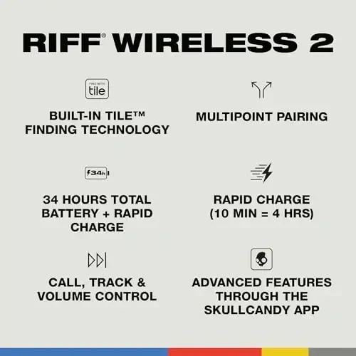 Skullcandy Riff Wireless 2 On-Ear Bluetooth Headphones, 34 soatgacha batareya, buklanadigan yengil dizayn, 3,5 mm AUX kabeli bilan sayohat qilish uchun qulay, iPhone Android uchun mikrofon - Qora - 4