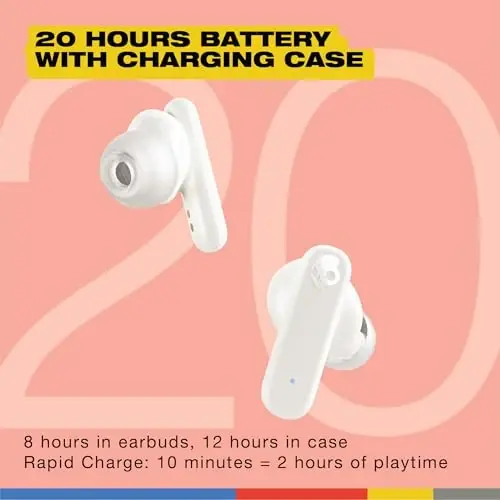 Skullcandy Smokin' Buds Wireless Earbuds, Bluetooth Headphones, Noise Isolating Fit, Up to 20 Hours Battery, IPX4 Sweat and Water Resistant, Microphone for iPhone Android - Bone - 3