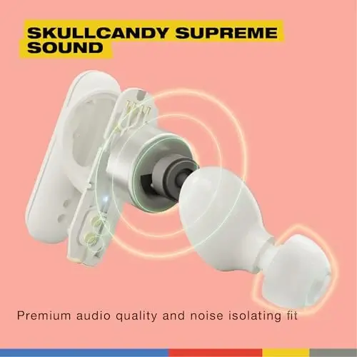 Skullcandy Smokin' Buds Wireless Earbuds, Bluetooth Headphones, Noise Isolating Fit, Up to 20 Hours Battery, IPX4 Sweat and Water Resistant, Microphone for iPhone Android - Bone - 4