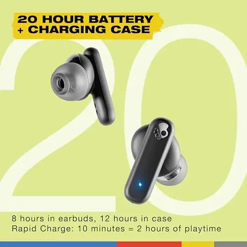 Skullcandy Smokin’ Buds Wireless Earbuds, Bluetooth Headphones, Noise Isolating Fit, Up to 20 Hours Battery, IPX4 Sweat and Water Resistant, Microphone for iPhone Android - True Black - 3