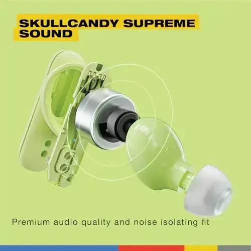 Skullcandy Smokin’ Buds Wireless Earbuds, Bluetooth Headphones, Noise Isolating Fit, 20 soatgacha batareya, IPX4 suv va terga chidamli, iPhone Android uchun mikrofon - Matcha - 4