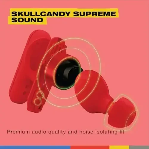 Skullcandy Smokin’ Buds Wireless Earbuds, Bluetooth Headphones, Noise Isolating Fit, 20 soatgacha batareya, IPX4 suvga chidamli, iPhone Android uchun mikrofon - Flame - 4