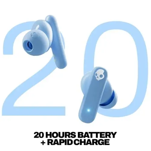 Skullcandy Smokin’ Buds Wireless Earbuds, Bluetooth Headphones, Noise Isolating Fit, Up to 20 Hours Battery, IPX4 Sweat and Water Resistant, Microphone for iPhone Android - Preppy Blue - 3