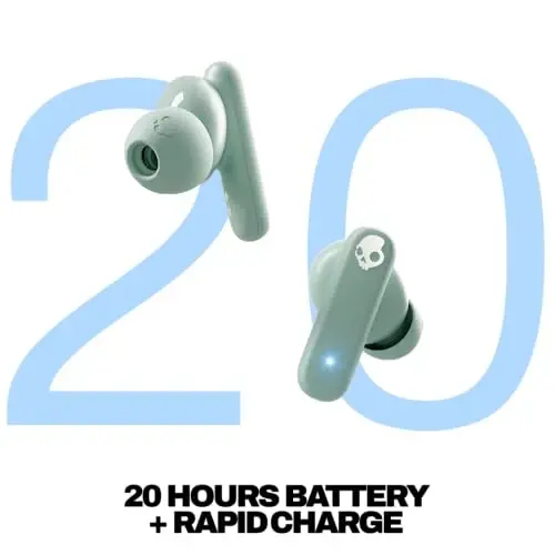 Skullcandy Smokin’ Buds Wireless Earbuds, Bluetooth Headphones, Noise Isolating Fit, Up to 20 Hours Battery, IPX4 Sweat and Water Resistant, Microphone for iPhone Android - Preppy Sage - 3