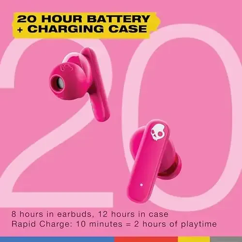 Skullcandy Smokin’ Buds Wireless quloqchinlari, Bluetooth naushniklar, shovqinni izolyatsiya qiluvchi moslashuv, 20 soatgacha batareya, IPX4 ter va suvga chidamli, iPhone Android uchun mikrofon - Pushti - 3