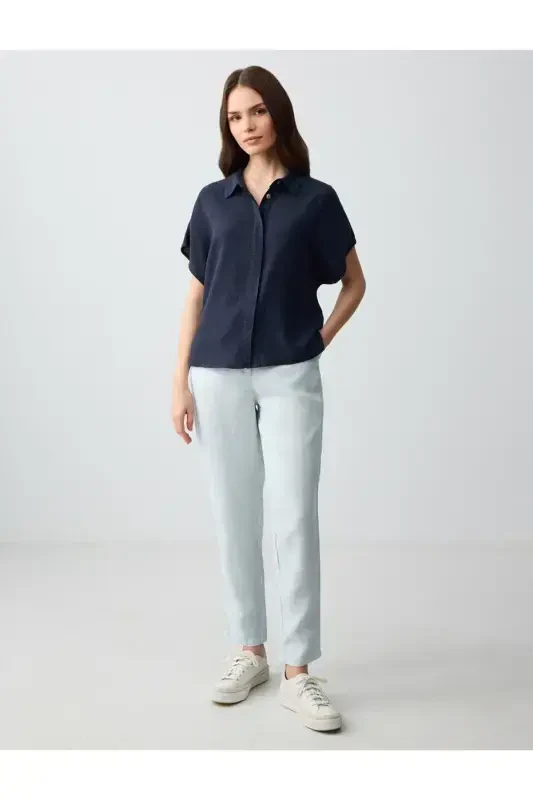 Sky Blue High Waisted Regular Fit Linen Trousers - JIMMY KEY