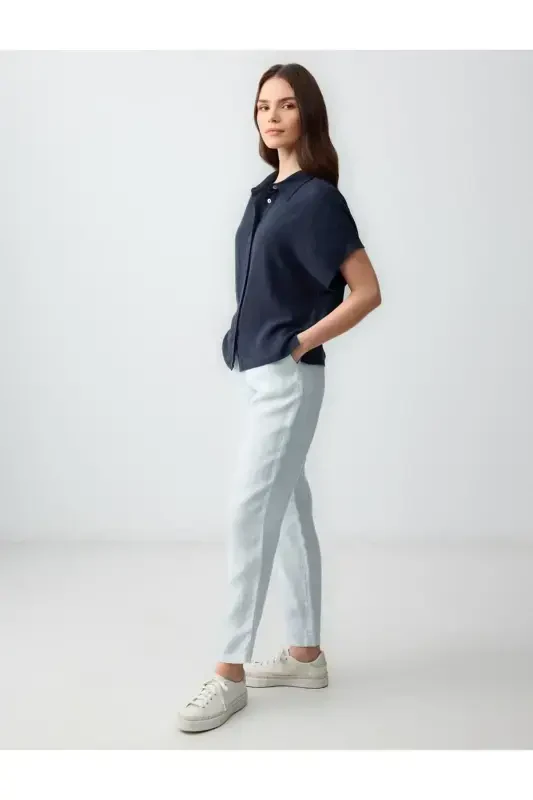 Sky Blue High Waisted Regular Fit Linen Trousers - 2