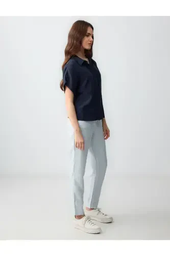 Sky Blue High Waisted Regular Fit Linen Trousers - 3