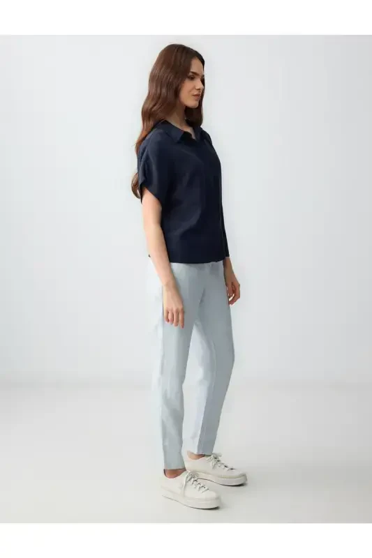 Sky Blue High Waisted Regular Fit Linen Trousers - 3