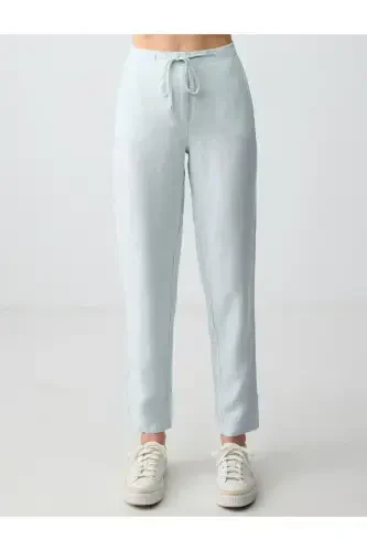 Sky Blue High Waisted Regular Fit Linen Trousers - 4