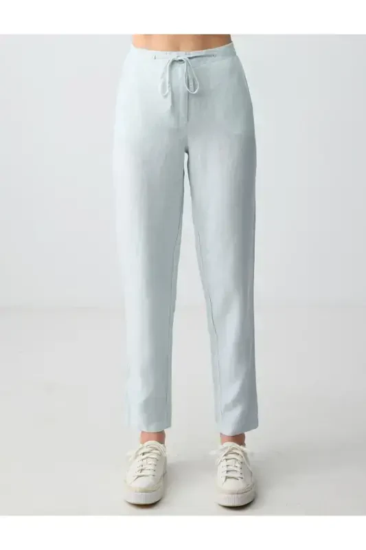 Sky Blue High Waisted Regular Fit Linen Trousers - 4