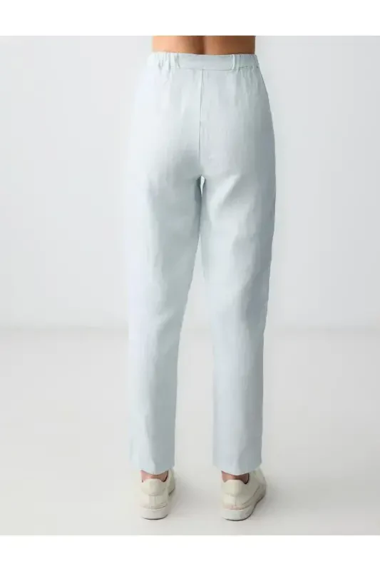 Sky Blue High Waisted Regular Fit Linen Trousers - 6