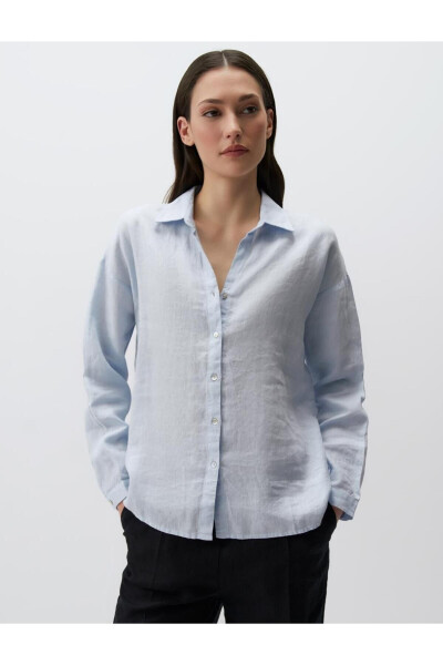 Sky Blue Long Sleeve Basic Linen Shirt - 19