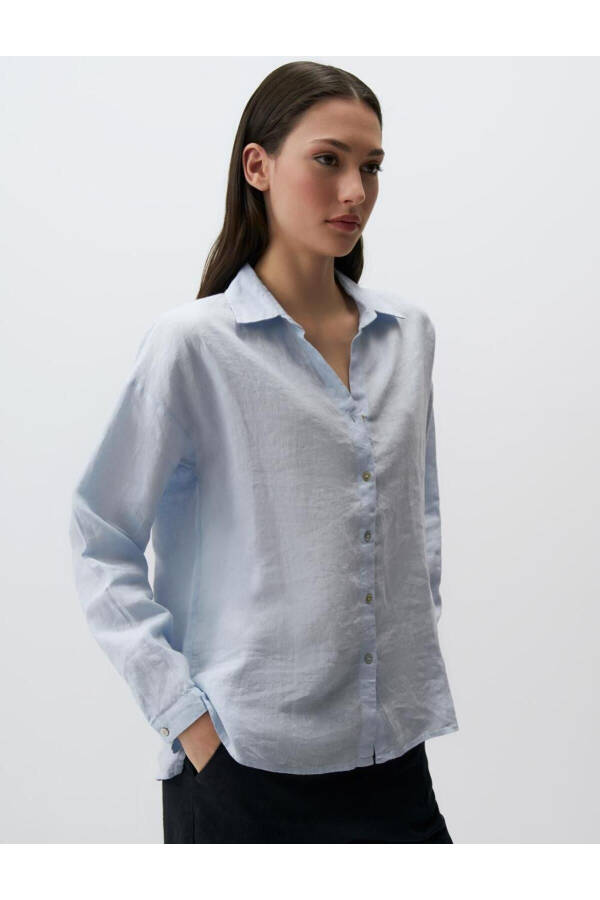 Sky Blue Long Sleeve Basic Linen Shirt - 21