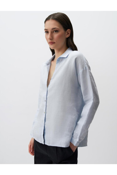 Sky Blue Long Sleeve Basic Linen Shirt - 22