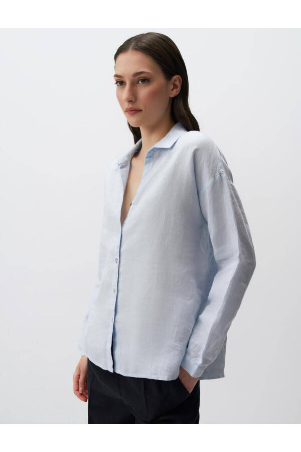 Sky Blue Long Sleeve Basic Linen Shirt - 22