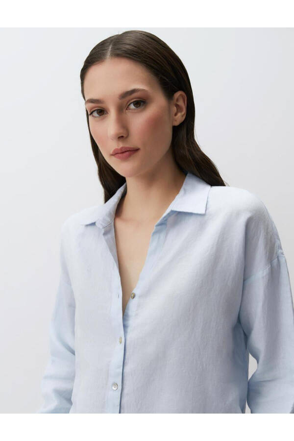 Sky Blue Long Sleeve Basic Linen Shirt - 23