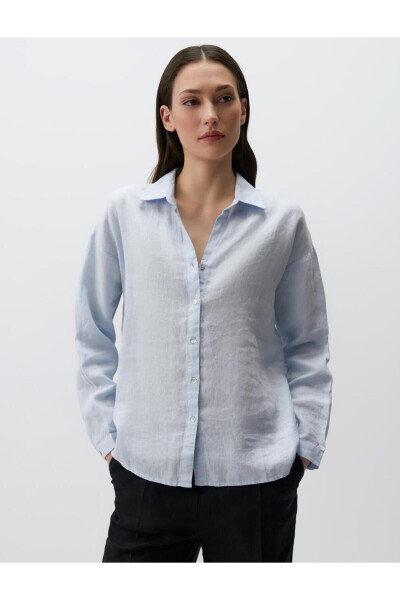 Sky Blue Long Sleeve Basic Linen Shirt - 13