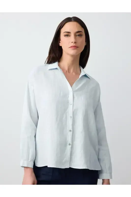 Sky Blue Long Sleeve Basic Linen Shirt - 1