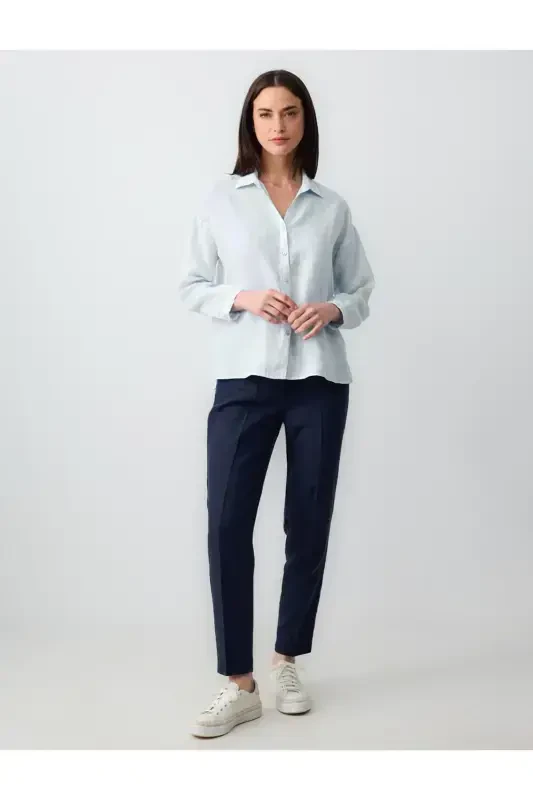 Sky Blue Long Sleeve Basic Linen Shirt - 2