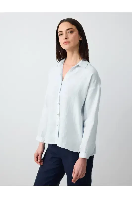 Sky Blue Long Sleeve Basic Linen Shirt - 3
