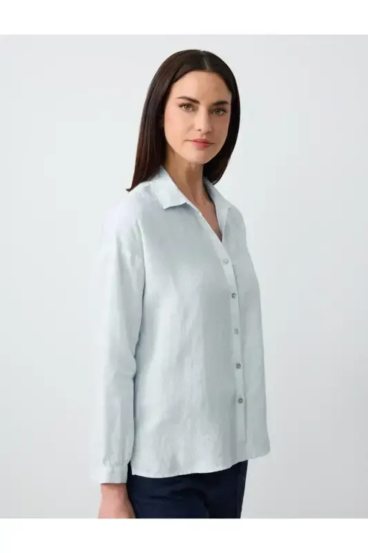 Sky Blue Long Sleeve Basic Linen Shirt - 4