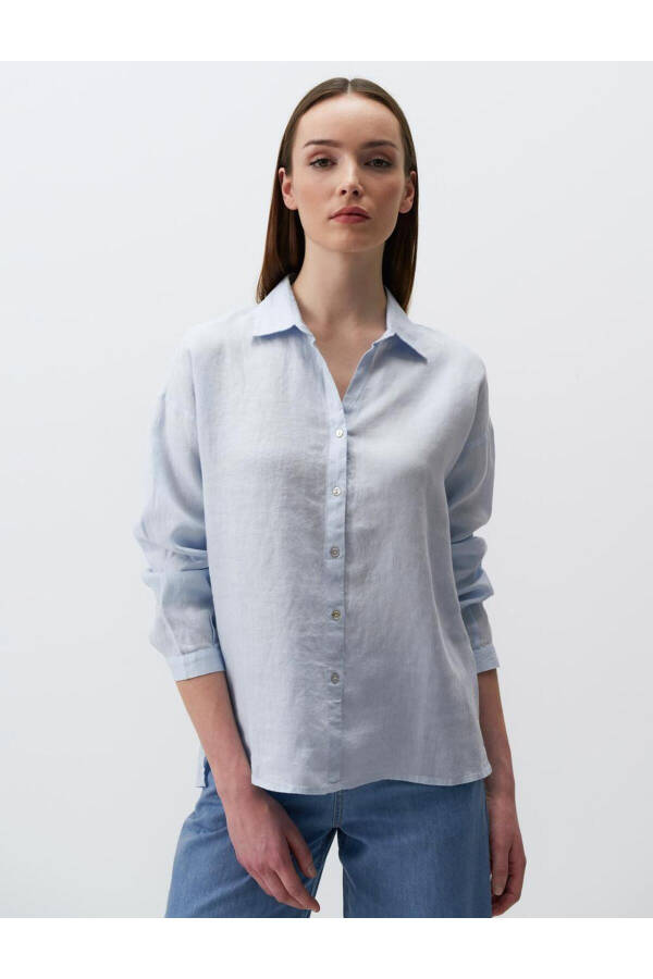 Sky Blue Long Sleeve Basic Linen Shirt - 25