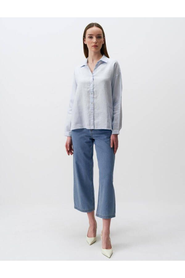 Sky Blue Long Sleeve Basic Linen Shirt - 26