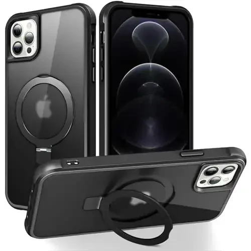 SKYLMW Compatible with iPhone 12 Case & iPhone 12 Pro Case with Invisible Magnetic O-Ring Stand Translucent Phone Cases 6.1