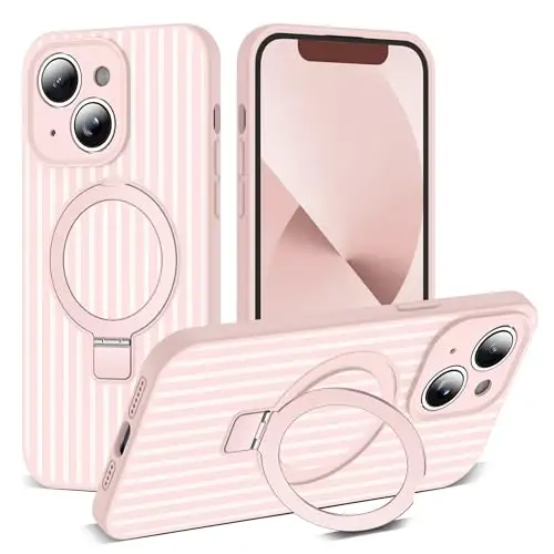 SKYLMW Compatible with iPhone 13 Case with Magnetic Invisible Stand [Compatible with Mag-Safe][Cute Aesthetic Striped Pattern] Silicone 13 Phone Case for Women Men 6.1