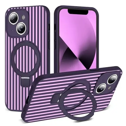 SKYLMW Compatible with iPhone 13 Case with Magnetic Invisible Stand [Compatible with Mag-Safe][Cute Aesthetic Striped Pattern] Silicone 13 Phone Case for Women Men 6.1