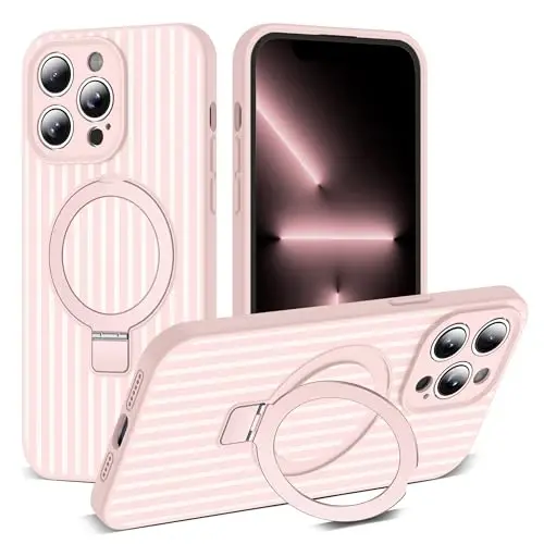 SKYLMW Compatible with iPhone 13 Pro Case with Magnetic Invisible Stand [Compatible with Mag-Safe][Cute Aesthetic Striped Pattern] Silicone 13 Pro Phone Case for Women Men 6.1