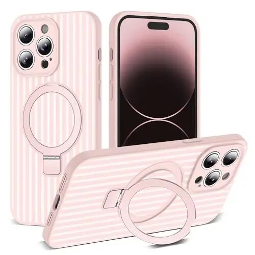 SKYLMW Compatible with iPhone 14 Pro Case with Magnetic Invisible Stand [Compatible with Mag-Safe][Cute Aesthetic Striped Pattern] Silicone 14 Pro Phone Case for Women Men 6.1