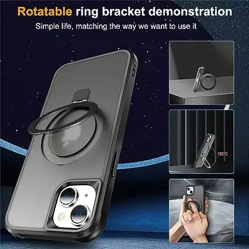 SKYLMW Compatible with iPhone 15 Case with Invisible Magnetic O-Ring Stand Military-Grade Translucent Case for iPhone 15 6.1
