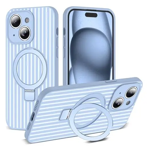 SKYLMW Compatible with iPhone 15 Plus Case with Magnetic Invisible Stand [Compatible with Mag-Safe][Cute Aesthetic Striped Pattern] Silicone 15 Plus Phone Case for Women Men 6.7