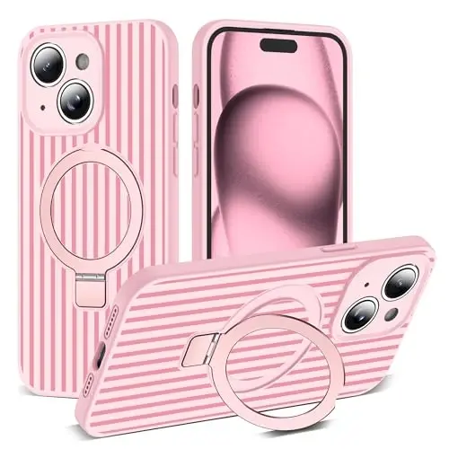 SKYLMW Compatible with iPhone 15 Plus Case with Magnetic Invisible Stand [Compatible with Mag-Safe][Cute Aesthetic Striped Pattern] Silicone 15 Plus Phone Case for Women Men 6.7