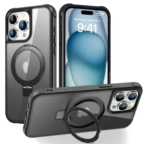 SKYLMW Compatible with iPhone 15 Pro Case with Invisible Magnetic O-Ring Stand Military-Grade Translucent Case for iPhone 15 Pro 6.1