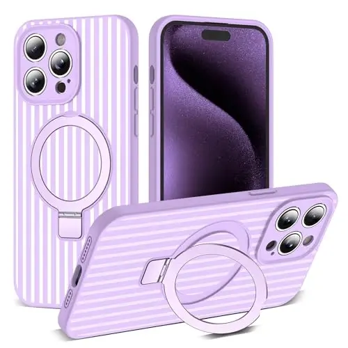 SKYLMW Compatible with iPhone 15 Pro Case with Magnetic Invisible Stand [Compatible with Mag-Safe][Cute Aesthetic Striped Pattern] Silicone 15 Pro Phone Case for Women Men 6.1