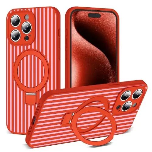 SKYLMW Compatible with iPhone 15 Pro Case with Magnetic Invisible Stand [Compatible with Mag-Safe][Cute Aesthetic Striped Pattern] Silicone 15 Pro Phone Case for Women Men 6.1