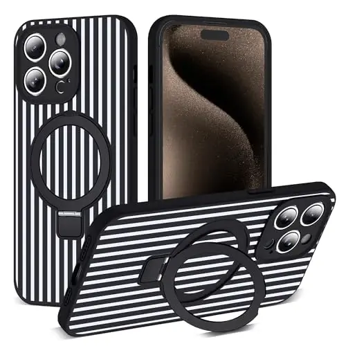 SKYLMW Compatible with iPhone 15 Pro Max Case with Magnetic Invisible Stand [Compatible with Mag-Safe][Cute Aesthetic Striped Pattern] Silicone 15 Pro Max Phone Case for Women Men 6.7