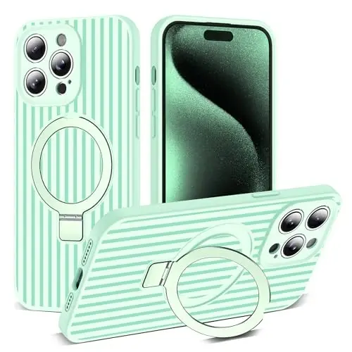 SKYLMW Compatible with iPhone 15 Pro Max Case with Magnetic Invisible Stand[Compatible with Mag-Safe][Cute Aesthetic Striped Pattern] Silicone 15 Pro Max Case for Women Men 6.7