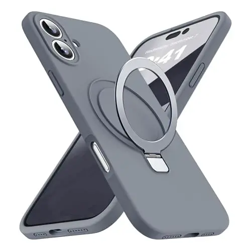 SKYLMW Compatible with iPhone 16 Case 6.1'' with Magnetic Invisible Stand【Compatible with Mag-Safe】【Military Drop Tested】 Silicone 16 Phone Case for Women Men, Grey 