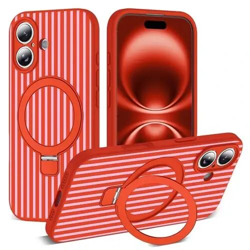 SKYLMW Compatible with iPhone 16 Case with Magnetic Invisible Stand [Compatible with Mag-Safe][Cute Aesthetic Striped Pattern] Silicone 16 Phone Case for Women Men 6.1